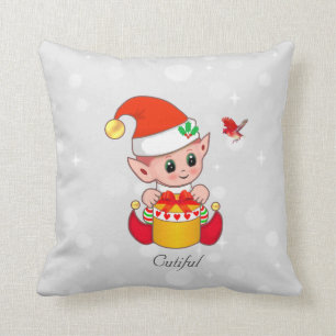 Coussin Un joli elfe de Noël et un oiseau rouge cardinal e