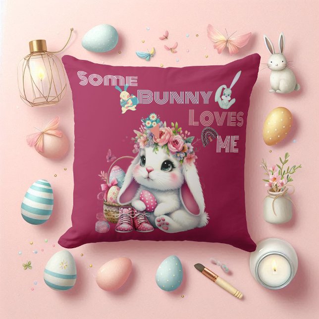 Coussin Un Lapin M'aime Panier de Printemps Fantaisiste Pe (Some Bunny Loves Me Whimsical Spring Basket Custom Throw Pillow)