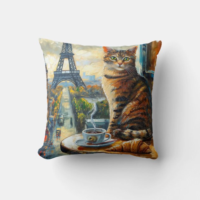 Coussin Un matin à Paris | Chat tigré dans un café (Recto)