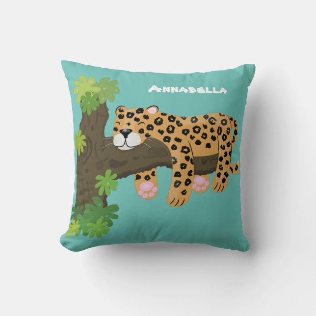 Coussin Un mignon léopard dormant dans un arbre dessin ani (Recto)