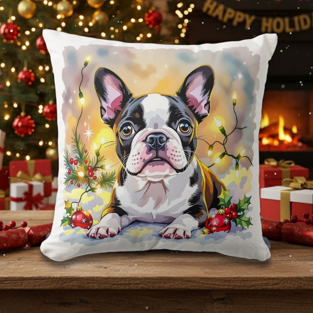 Coussin Un Noël doux avec un Terrier de Boston (Créateur téléchargé)