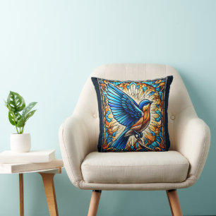 Coussin Un oiseau bleu serein : Oeuvre en verre tendu