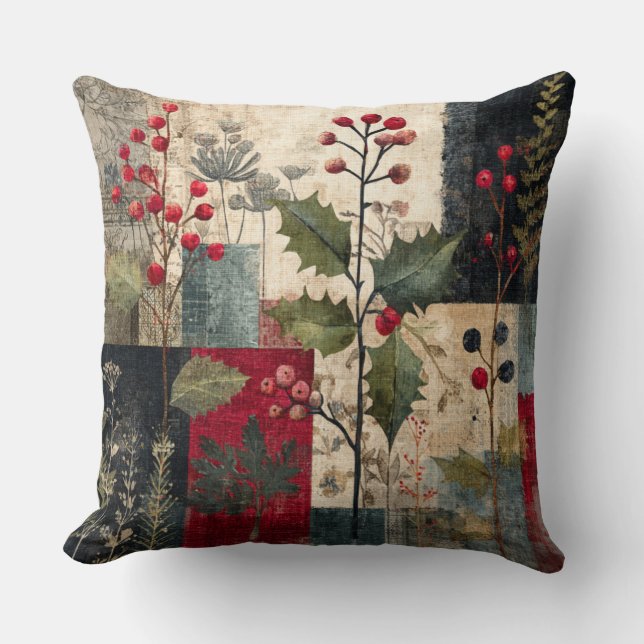 Coussin Un Patchwork Rustique d'Hiver aux Baies de Houx (Recto)