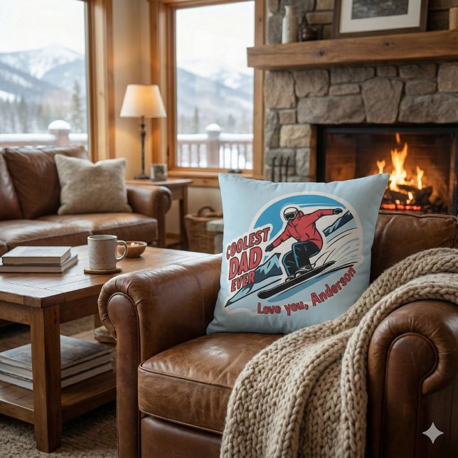 Coussin Un Père Coolle Jamais Snowboard Jetez L'Oreiller (Let Dad know how cool he is with this fun snowboarder personalized pillow! )