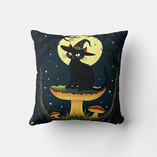Coussin Un petit chat noir de sorcière assis sur un champi (Verso)