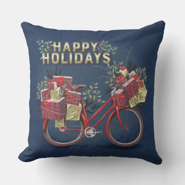 Coussin Un vélo de Noël rouge avec des cadeaux (Recto)