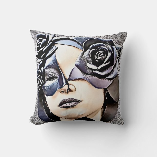 Coussin Un visage de femme avec masque en cuir et roses, (Recto)