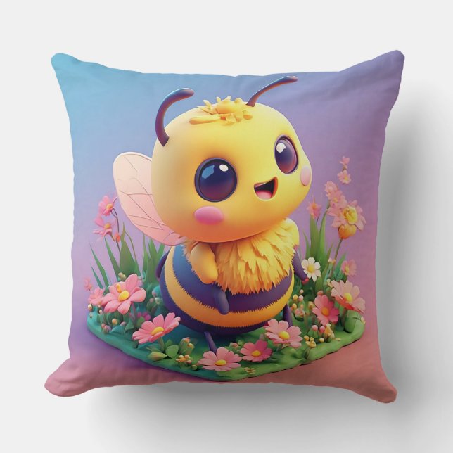 Coussin Une abeille de dessin animé adorable entourée de f (Recto)