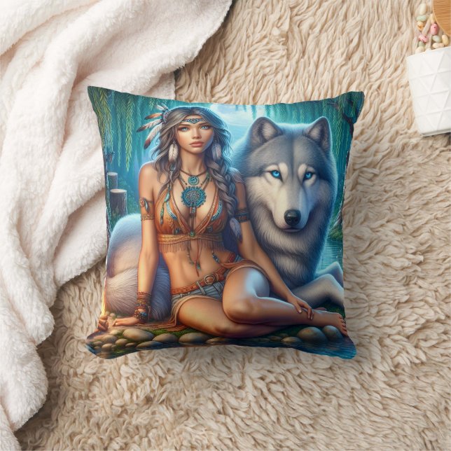 Coussin Une Américaine Autochtone Assis À Côté D'Un Loup (Couverture)