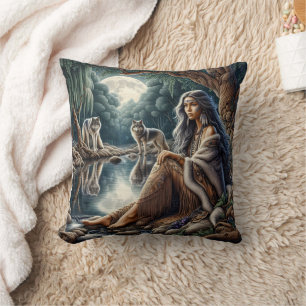 Coussin Une Américaine Autochtone Assis À L'Eau Lune