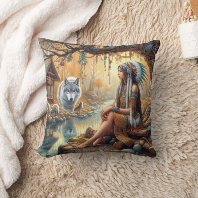 Coussin Une Américaine Autochtone Assis Avec Un Loup Par L (Couverture)