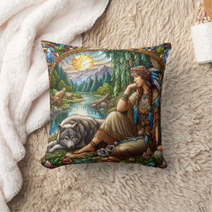 Coussin Une Américaine D'Origine Assis Avec Le Loup Par Ri