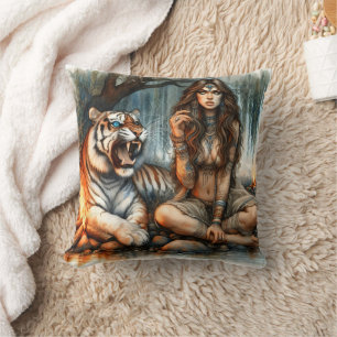 Coussin Une Américaine D'Origine Assis Avec Le Tigre Par L