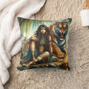 Coussin Une Américaine D'Origine Assis Avec Le Tigre Par L