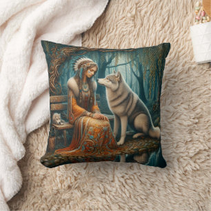 Coussin Une Américaine D'Origine Assis Avec Un Loup Dans L