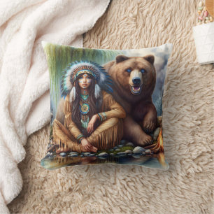 Coussin Une Américaine d'origine avec l'ours par l'eau