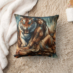 Coussin Une Américaine D'Origine Avec Tigre Près Du Feu De