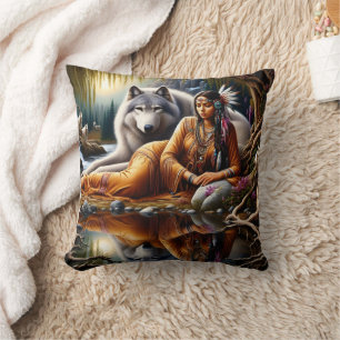 Coussin Une Américaine D'Origine Se Repose Avec Le Loup Pa