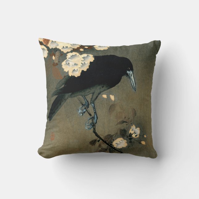Coussin Une corneille et une fleur par le cru d'Ohara (Recto)