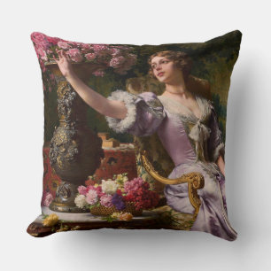 Coussin Une Dame En Robe Lilac Avec Fleurs