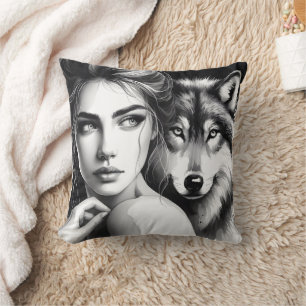 Coussin Une femme amérindienne embrasse le loup à Dusk