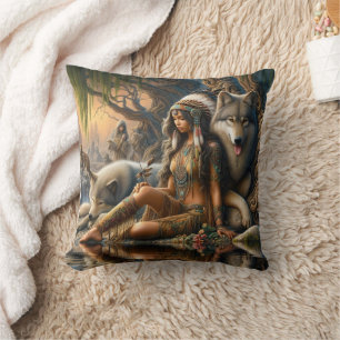 Coussin Une femme amérindienne prend soin du loup par casc