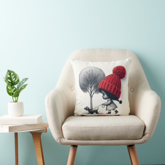 Coussin Une fille afro-américaine marche son chien (Chaise)