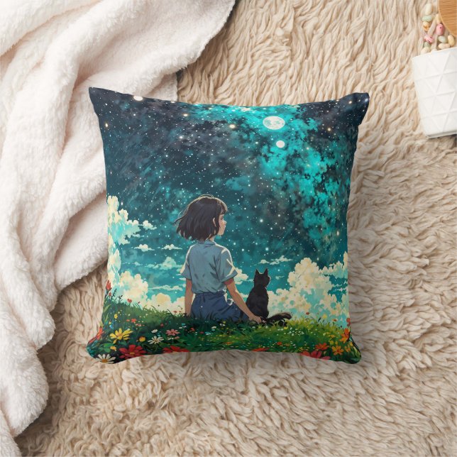Coussin Une fille et son chat s'assoient ensemble sur un t (Couverture)