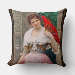 Coussin Une jeune dame avec un ventilateur rouge par Eugen