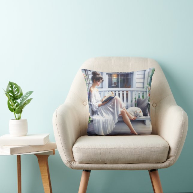 Coussin Une Jeune Femme Lit Un Livre Avec Chat (Chaise)