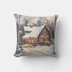 Coussin Une maisonnette cosy en hiver