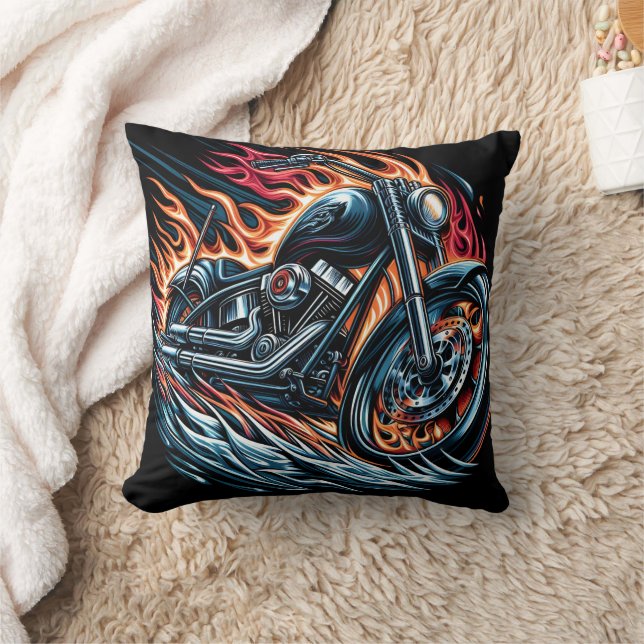 Coussin Une moto rugissante entourée de flammes enflammées (Couverture)