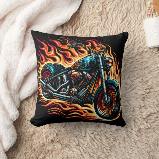 Coussin Une motocyclette flamboyante à travers les flammes (Couverture)