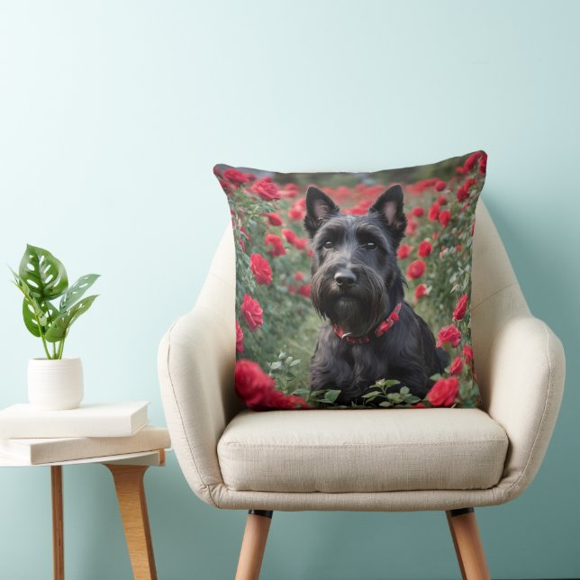 Coussin "Une rose rouge pour le Terrier écossais noir" (Chaise)