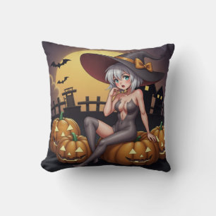 Coussin Une sorcière d'Halloween aux yeux verts sur Jack-O