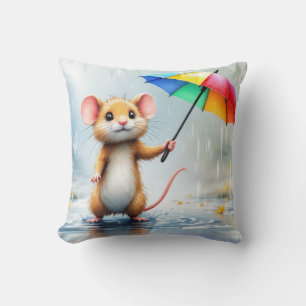 Coussin Une souris avec un arc-en-ciel parapluie pluie aqu