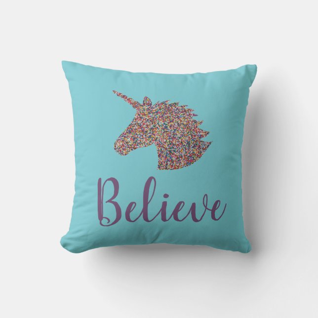 Coussin Unicorn Believe Rainbow Sprinkles Turquoise (Recto)