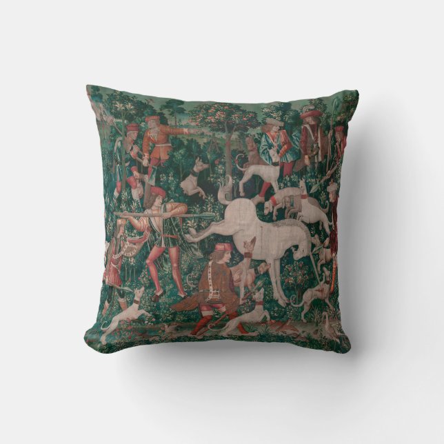 Coussin Unicorn Hunt Medieval Art, Unicorn Se Défend (Recto)
