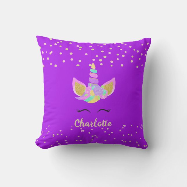Coussin Unicorn Nom Nursery Kids Décor Chambre Violet (Recto)