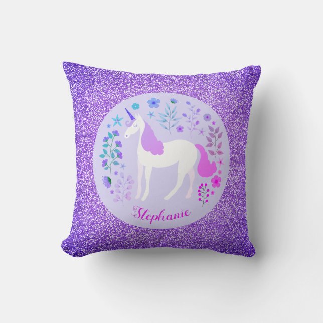 Coussin Unicorn Purple Parties scintillant Nom personnalis (Recto)