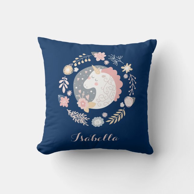 Coussin Unicorn rose bleu mignon Nom personnalisé (Recto)