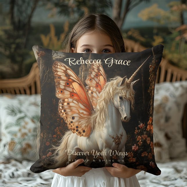 Coussin Unicorne Blanche Avec Orange Butterfly Wings Fairy (Créateur téléchargé)