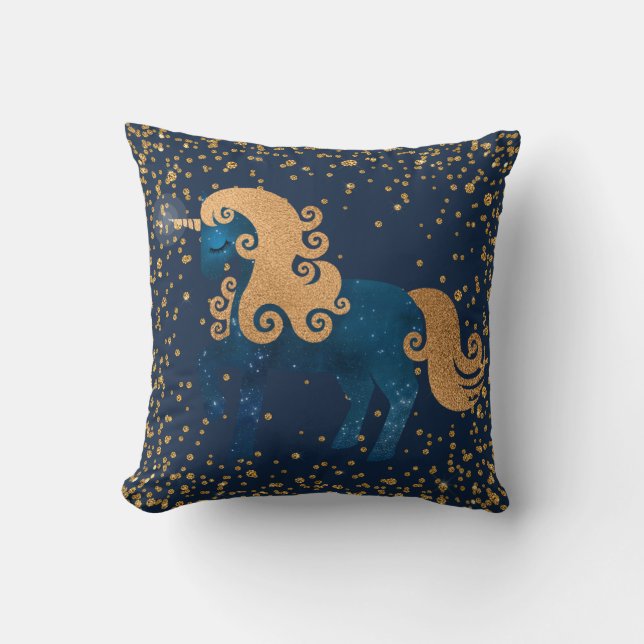 Coussin Unicorne bleu et or de la marine de minuit avec Co (Recto)