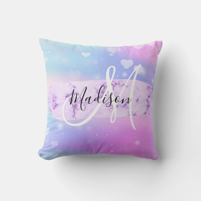 Coussin Unicorne colorée fille Coeurs arc-en-ciel Monogram (Recto)