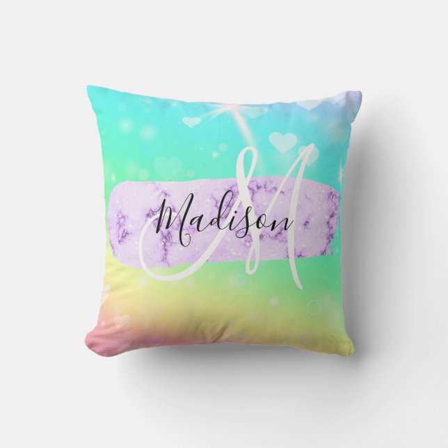 Coussin Unicorne colorée fille Coeurs arc-en-ciel Monogram (Recto)