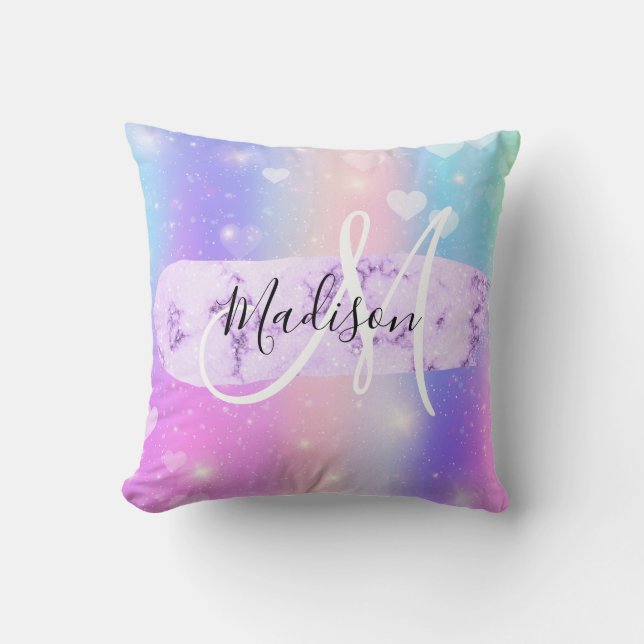 Coussin Unicorne colorée fille Coeurs arc-en-ciel Monogram (Recto)