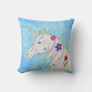 Coussin Unicorne de fleurs sur bleu