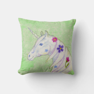 Coussin Unicorne de fleurs sur vert