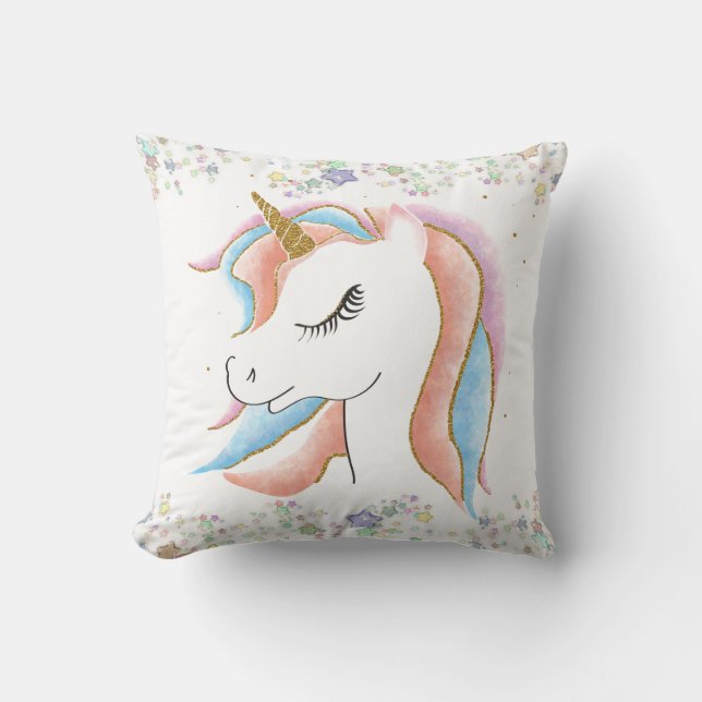 Coussin Unicorne dormant et étoiles Pastel (Recto)