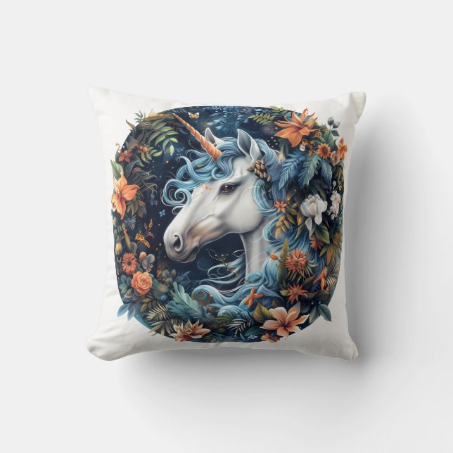 Coussin Unicorne et fleurs design imaginaire (Recto)